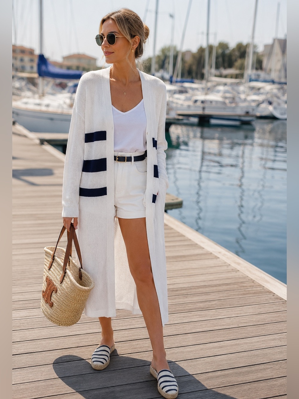 DEX White Navy Striped Open Cardigan Duster Sweater XS Coastal Quiet Luxury